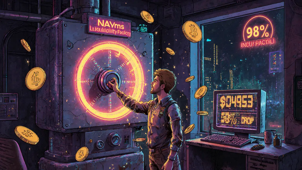 A person staking NAYM tokens in a cyberpunk apartment, surrounded by falling price charts and humming machinery.