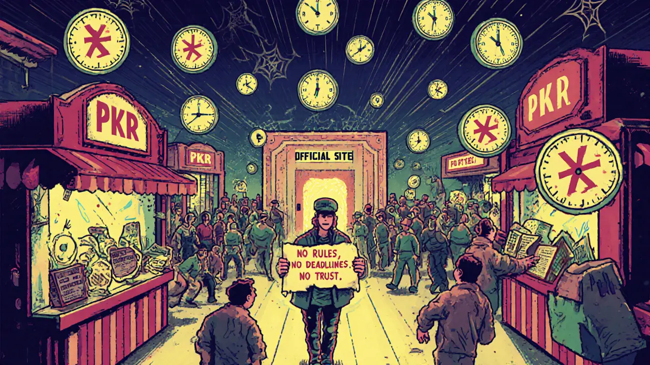 A surreal marketplace where PKR tokens are carnival prizes, but all booths are empty and locked.