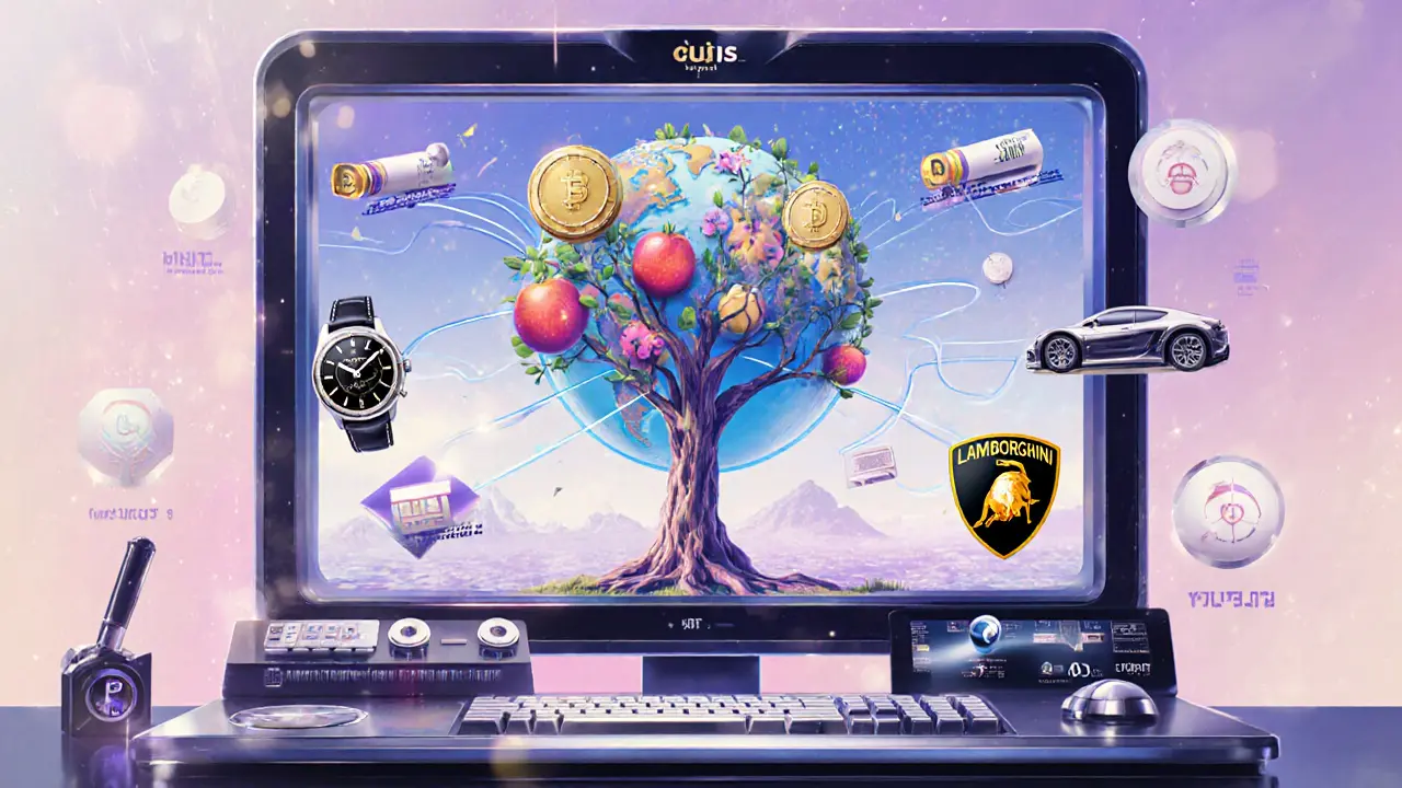 A vintage-style computer displaying a blockchain tree with NFTs as fruits and global health data streams.