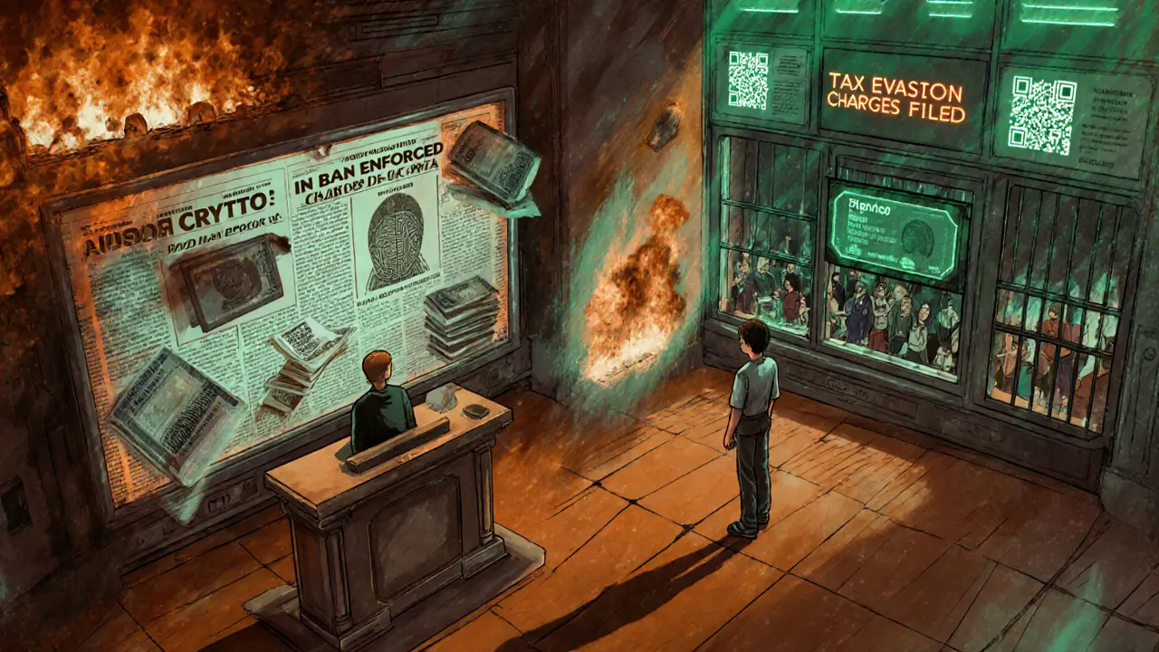 A young student stands trial in a courtroom where holograms of crypto wallets and tax forms burn away, surrounded by banknote judges.