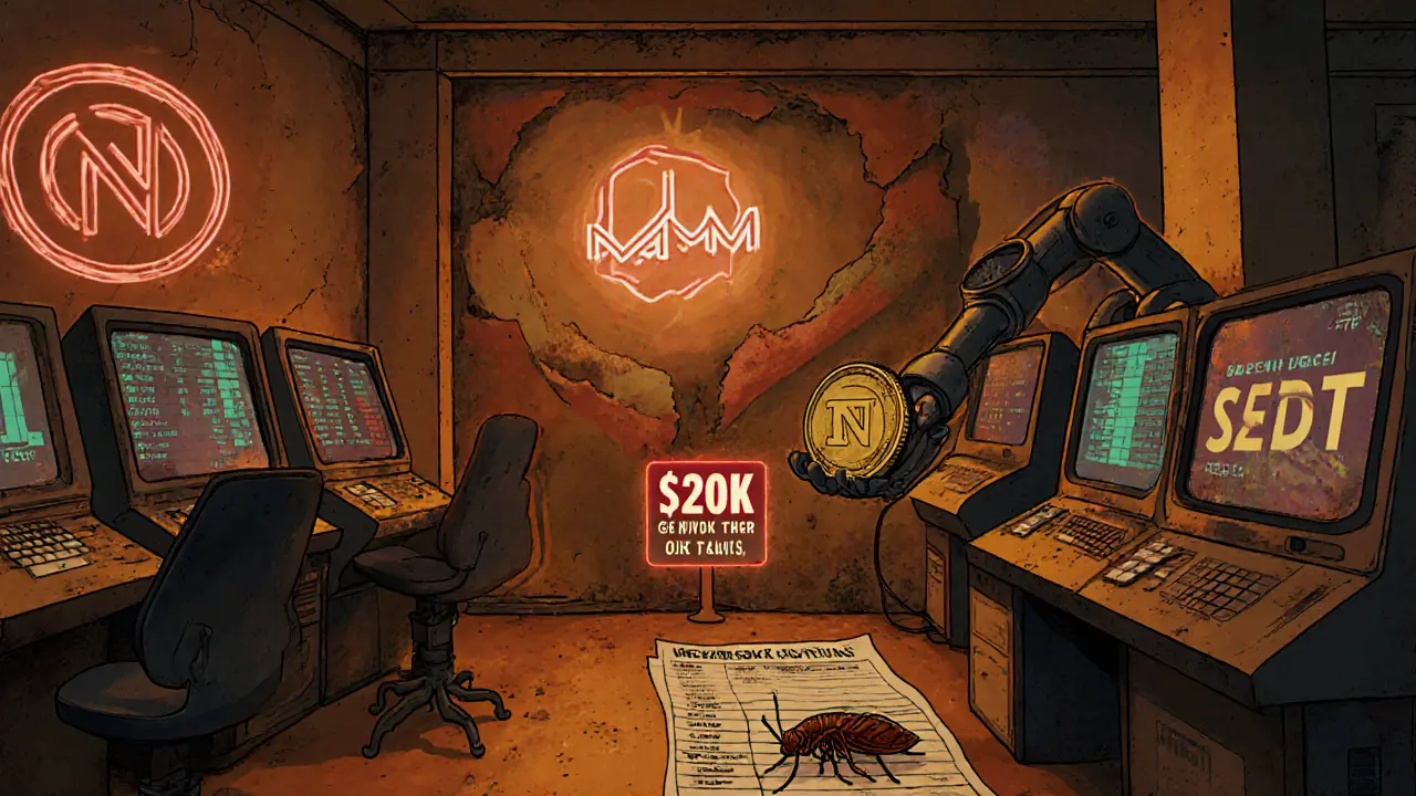 Abandoned crypto exchange with dusty terminals and a faded OnRe mural, symbolizing low adoption and fading belief.