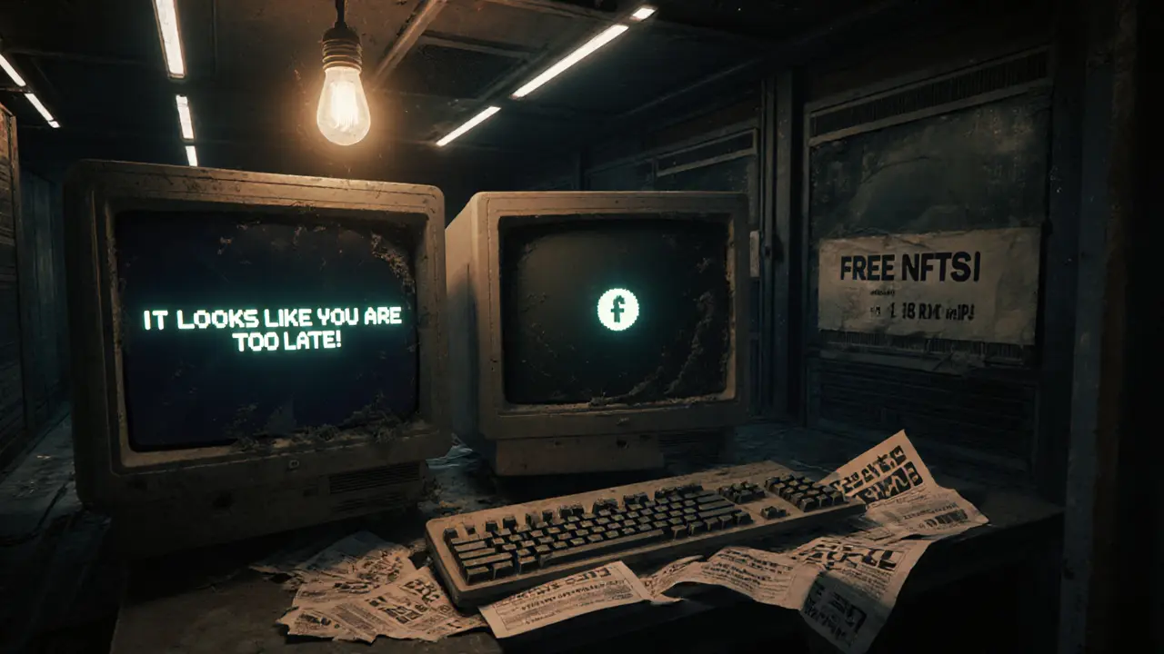 Abandoned server room with flickering &#039;Too Late&#039; message and decaying FEAR token.