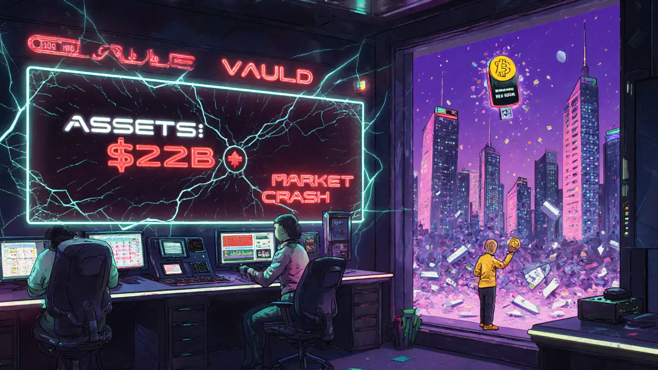 Abandoned Vauld office with glowing dashboards cracking as a market crash collapses the city behind it.