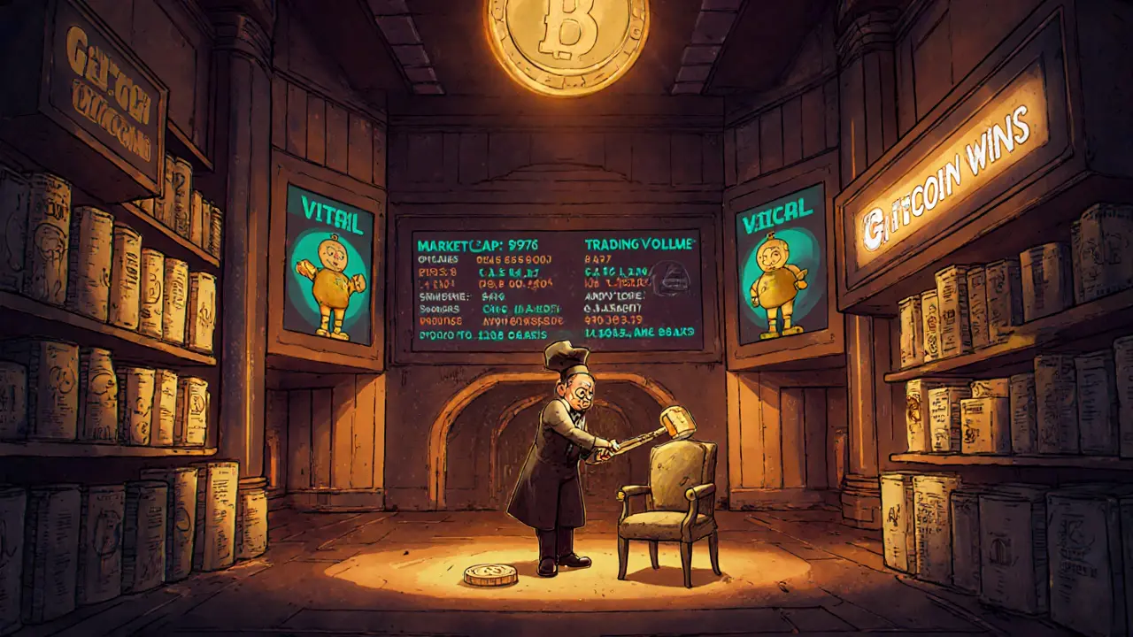 An auctioneer sells a VITAL token to an empty chair as screens show its worthless market data in a retro-futuristic hall.