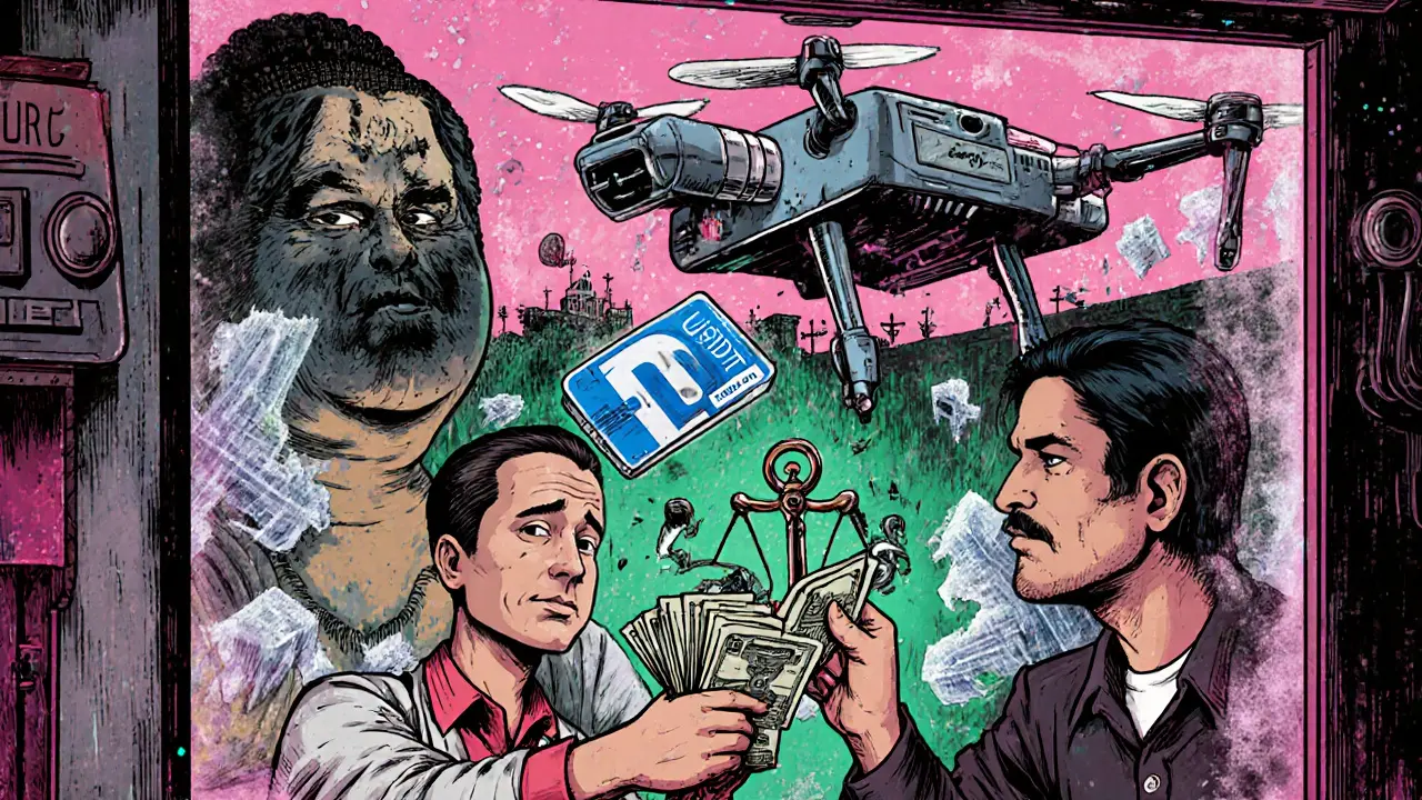 An underground crypto agent exchanges cash through a window as a robotic police drone scans faces in a neon-lit Dhaka market.