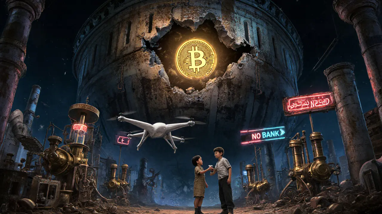 An underground steampunk crypto city powers Bitcoin mines with wind-up generators, while a drone delivers medicine and a crumbling government building reveals a single Bitcoin.
