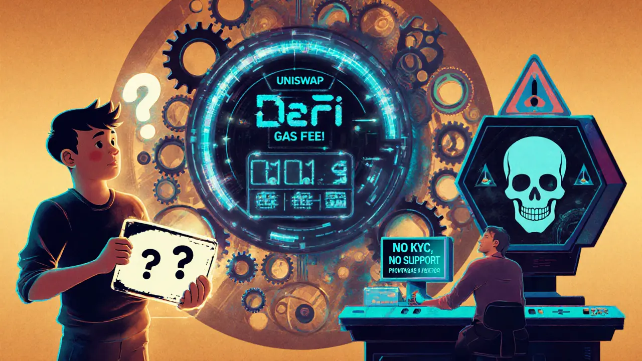 Confused beginner facing a complex Uniswap interface while a veteran swaps tokens easily.