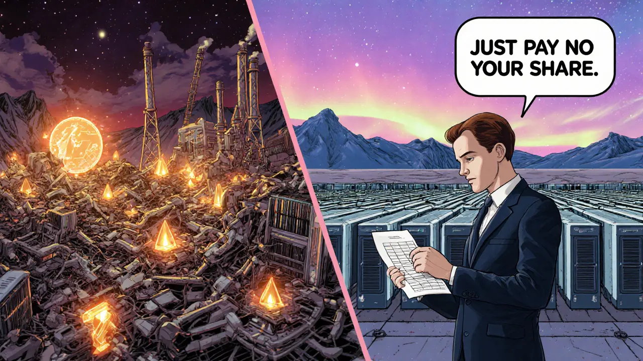 Contrast scene: chaotic mining hub vs. orderly Norwegian farm with accountant filing under aurora.