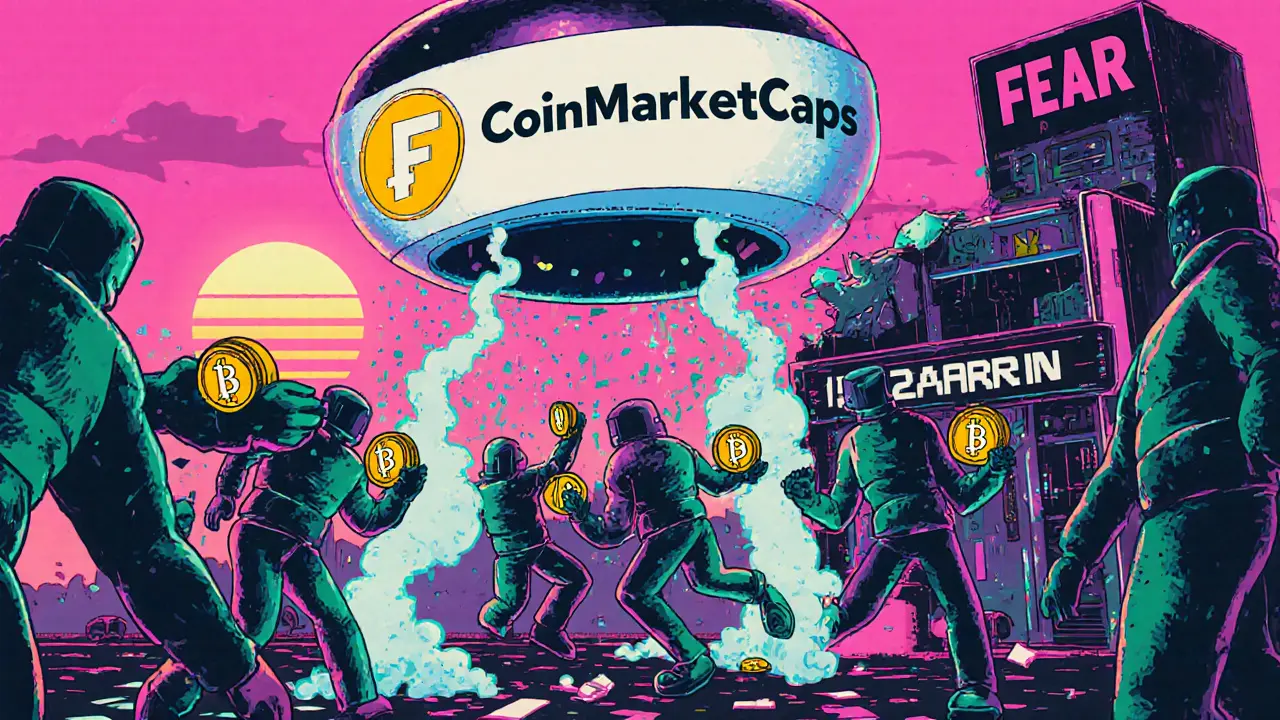 Crypto party with tokens turning to smoke as a game server collapses in glitchy retro style.