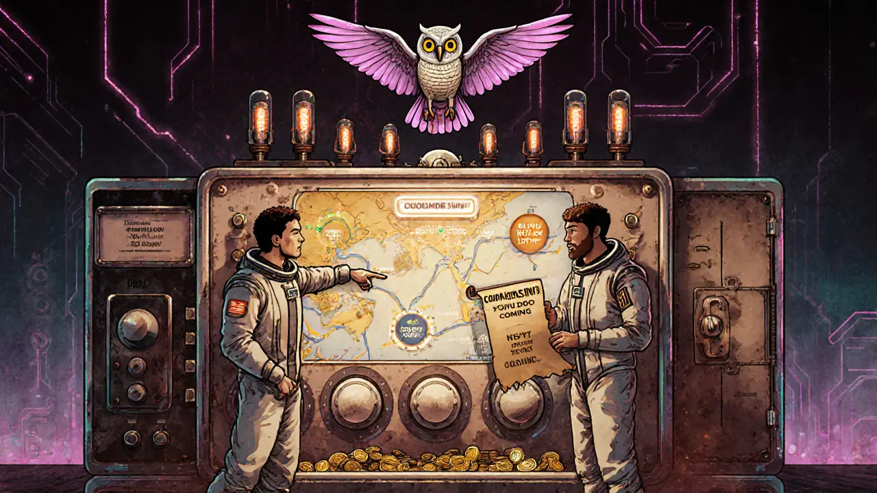 Crypto pioneers gather around an analog computer mapping ButterSwap&#039;s ecosystem.