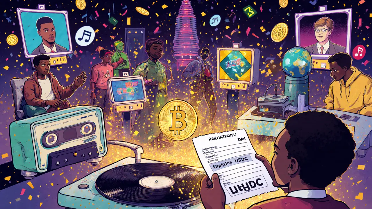 Global creators trading digital art via retro-futuristic terminals with golden payment particles and stablecoin confetti.