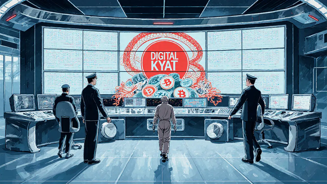 Government officials monitor a digital kyat system that consumes Bitcoin and USDT, as a prisoner is dragged away by robotic enforcers.