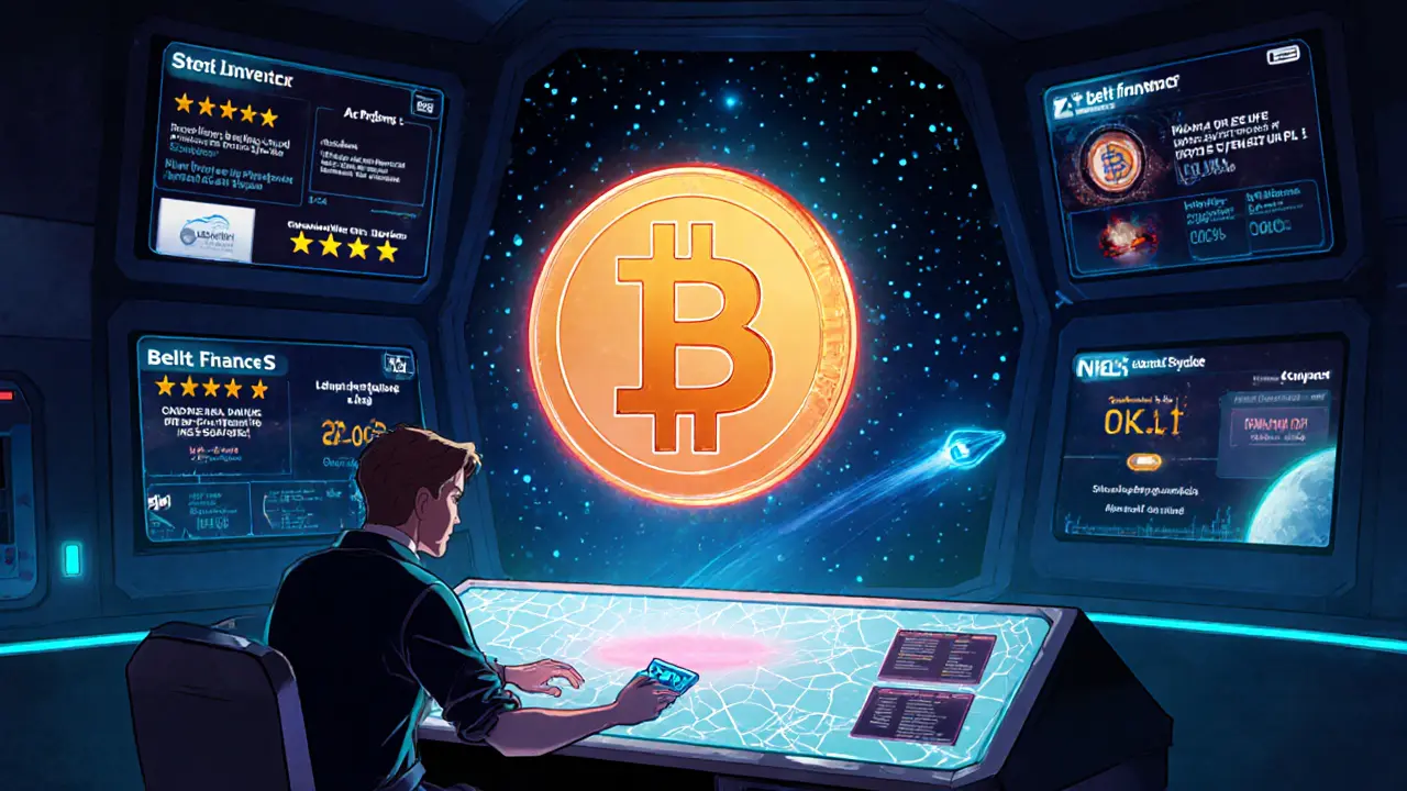 Investor in neon-lit room facing flickering BELT token while competing DeFi platforms glow with more reviews.