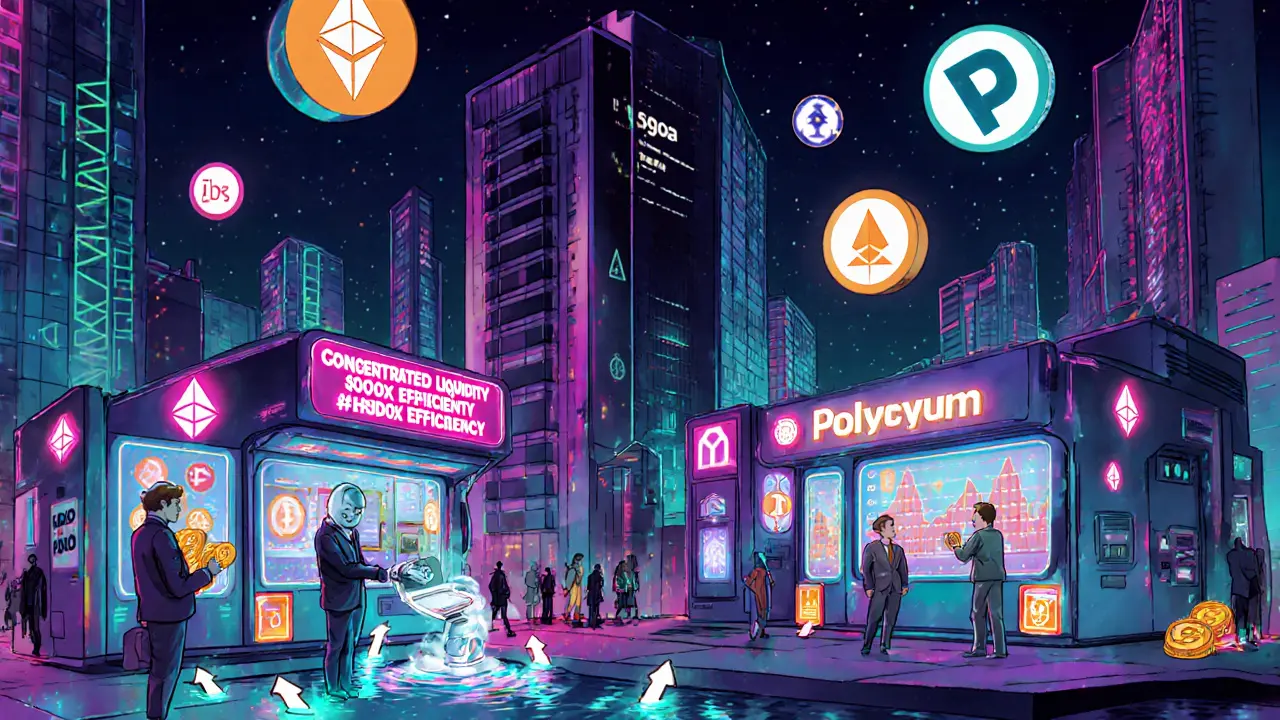 Neon city with blockchain buildings and users exchanging tokens at Uniswap kiosks.