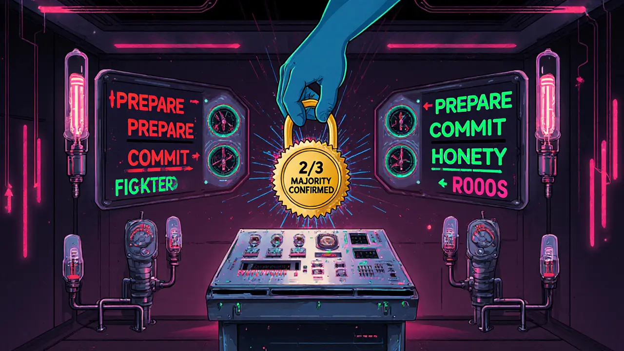 PBFT blockchain phases illustrated with glowing arrows and analog dials in a 1950s-inspired control room.