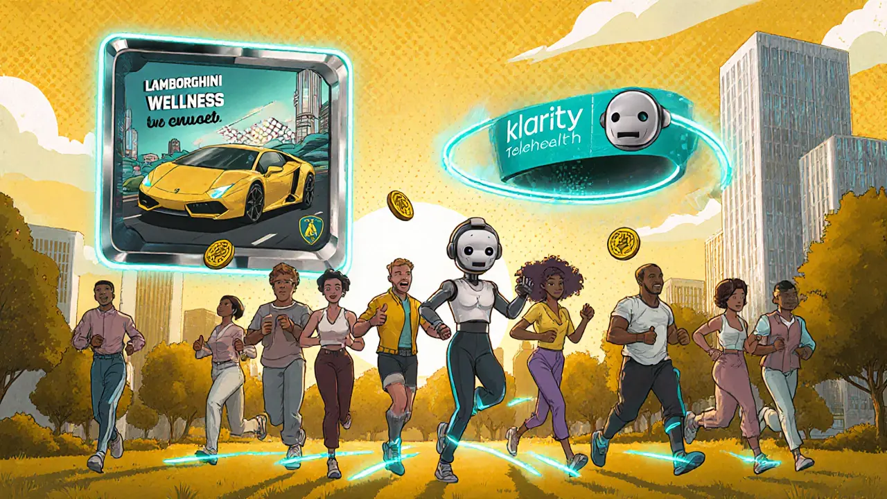 People jogging in a retro-futuristic park with AI avatars awarding tokens from their smart rings.