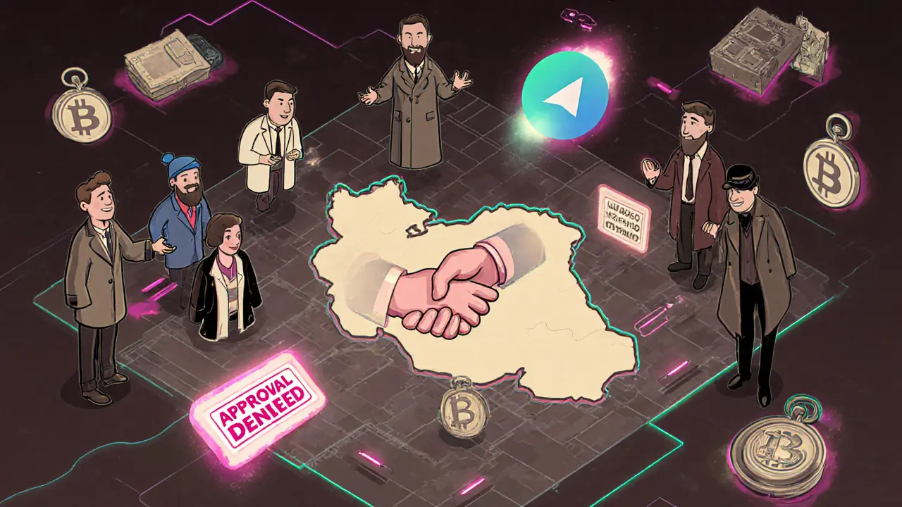 People trade rials for Bitcoin through glowing handshakes in a surreal Telegram marketplace, while government agents try to stop them with rubber stamps.