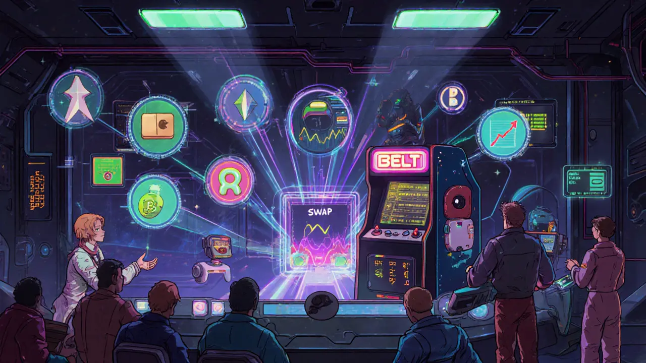 Retro space lounge with holographic wallets connecting to a Belt Finance arcade-style console.