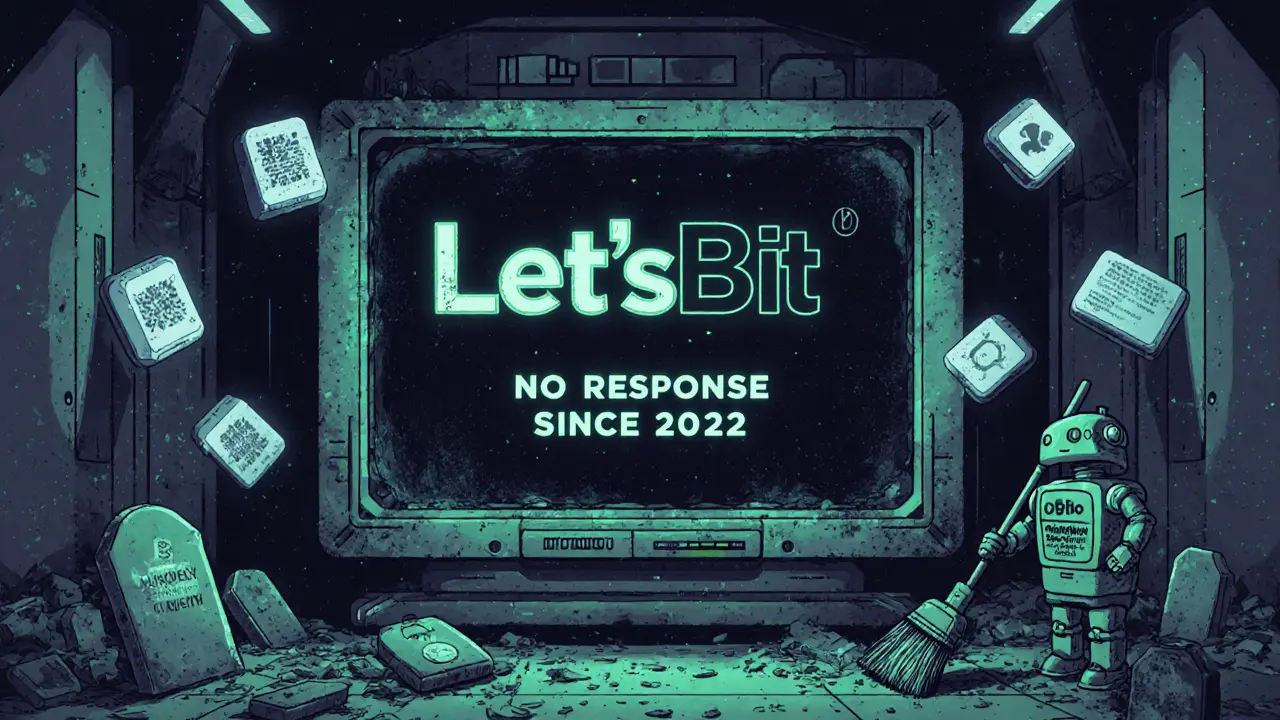 Retro terminal showing &#039;No Response Since 2022&#039; surrounded by floating icons of failed crypto services.