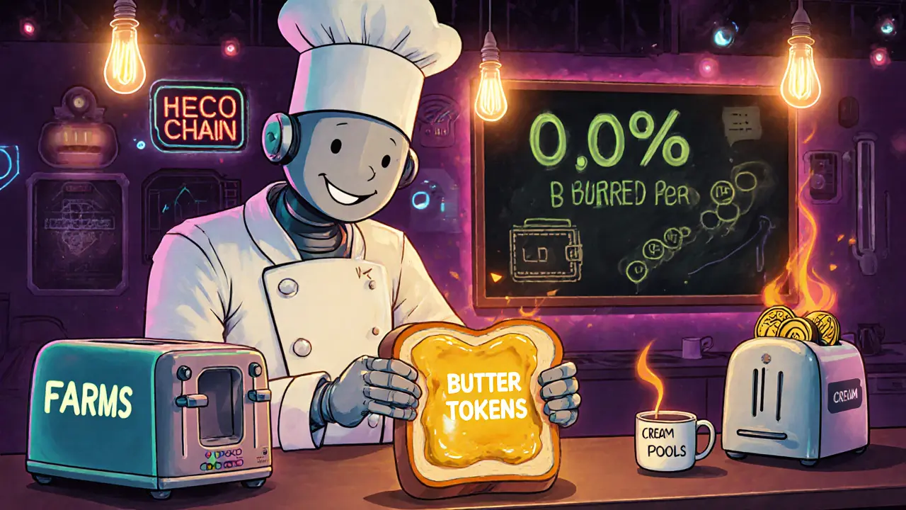 Robot chef buttering digital toast with BUTTER tokens in a neon 80s diner.