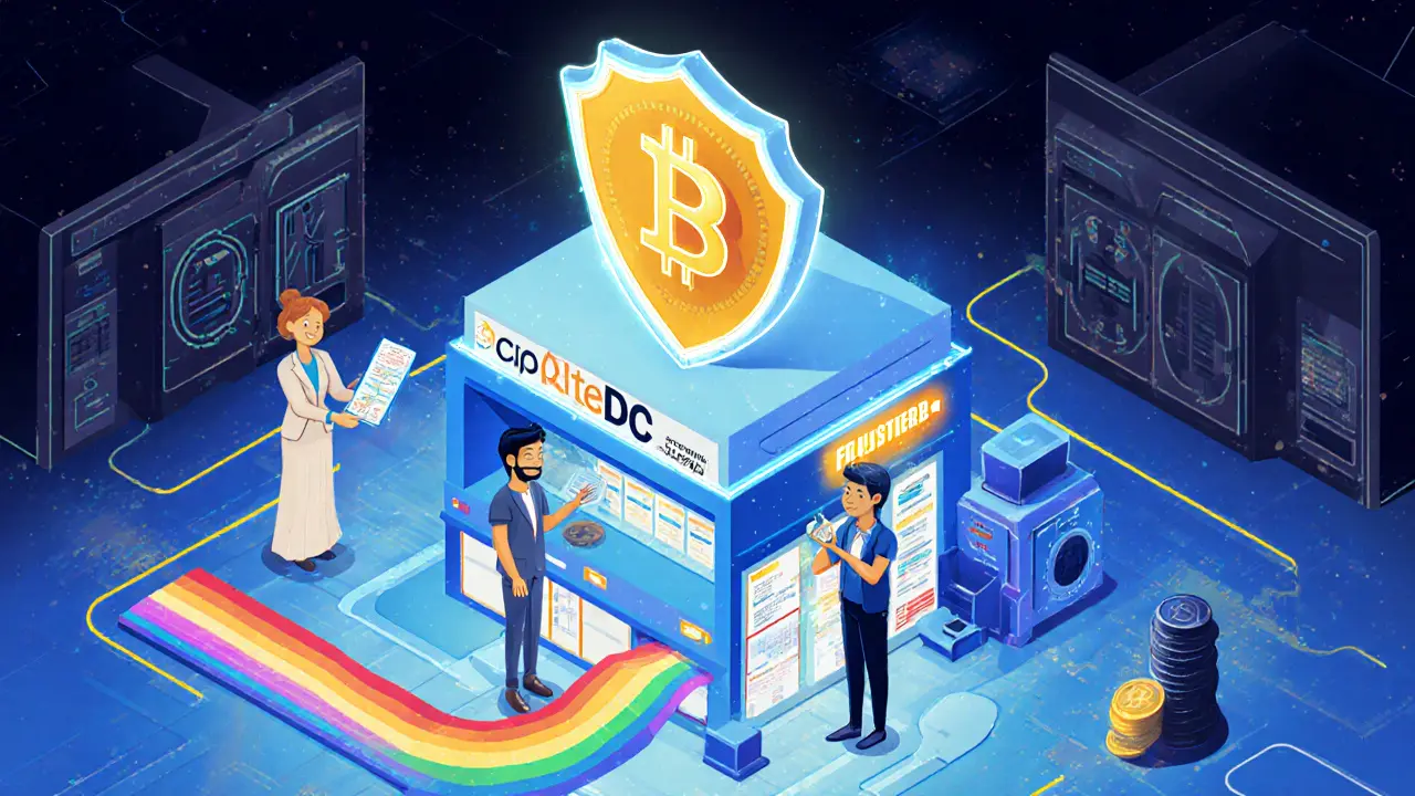 Safe Indian crypto exchanges glow with neon lights as users receive tax reports, UPI flows safely, shielded by FIU-registered protection.