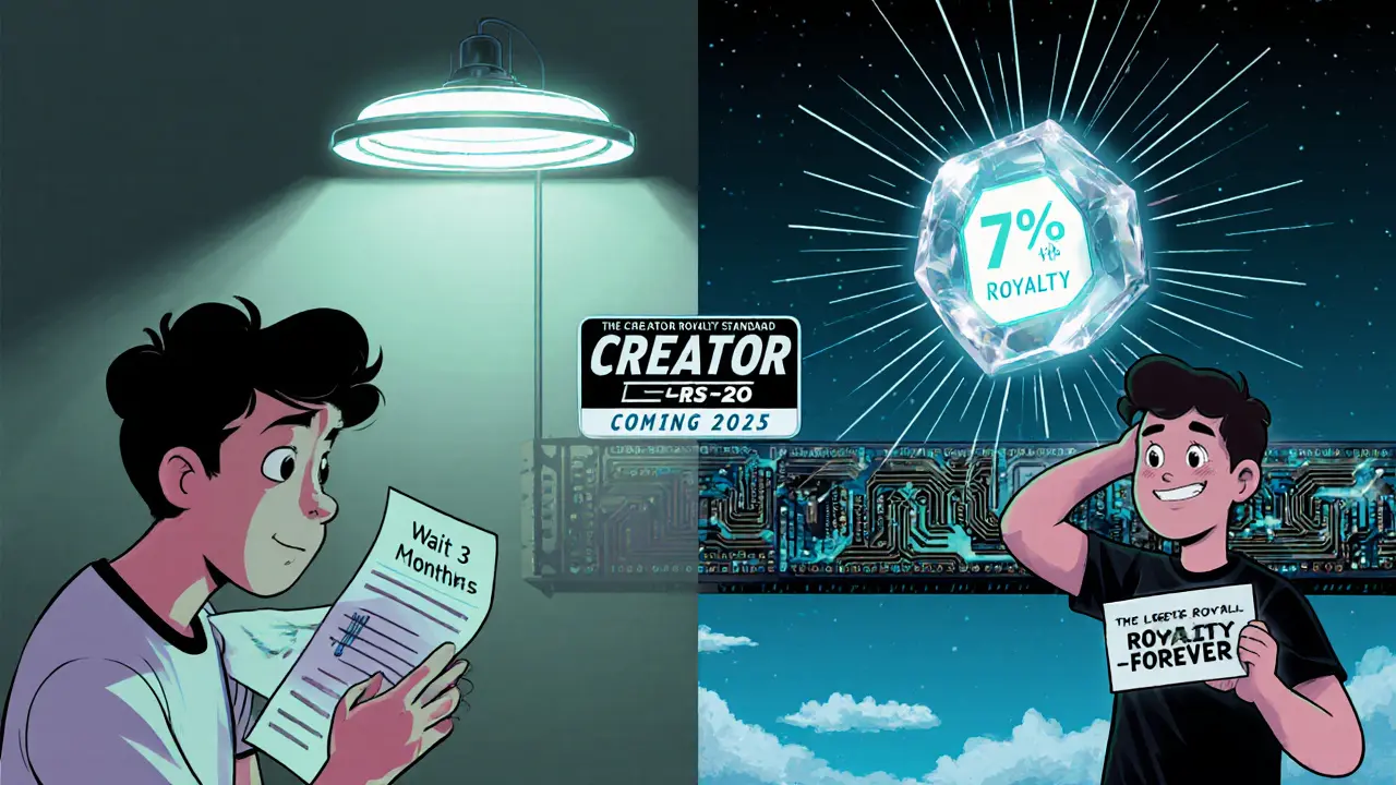Split scene: a creator holding a delayed check vs. a glowing NFT with a smart contract showing lifelong royalties.