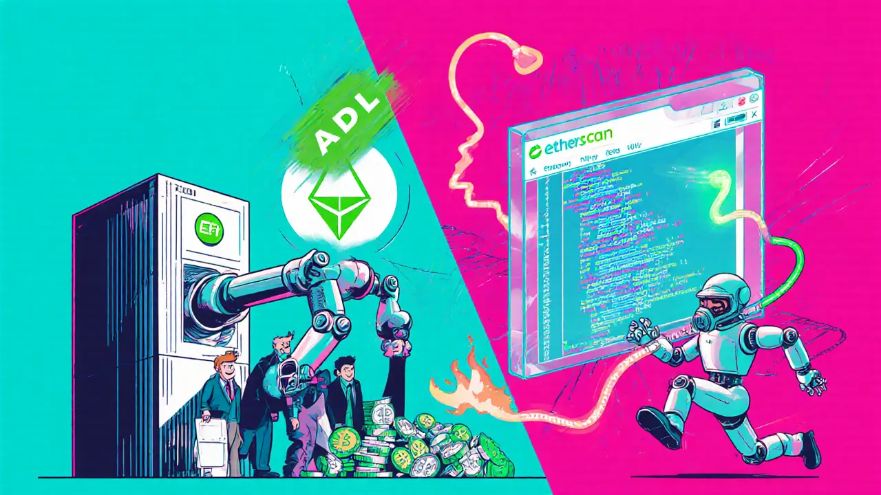 Split scene: centralized exchange siphons profits via ADL while a DeFi liquidator bot races to act on open code.
