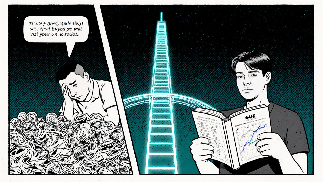 Split scene: chaotic AMM pool vs clean order book on Sui, connected by a bridge of glowing USDC coins.