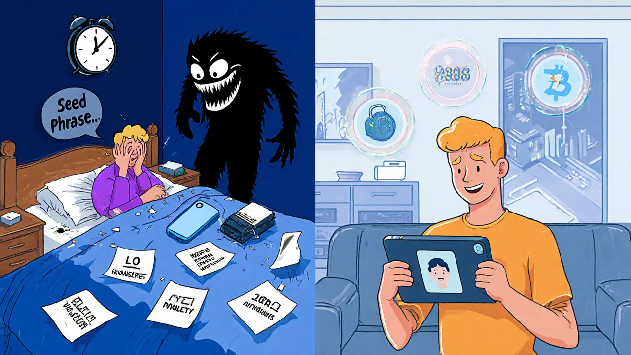 Split scene: one side shows panic over lost keys, the other shows calm login with facial scan in a futuristic room.