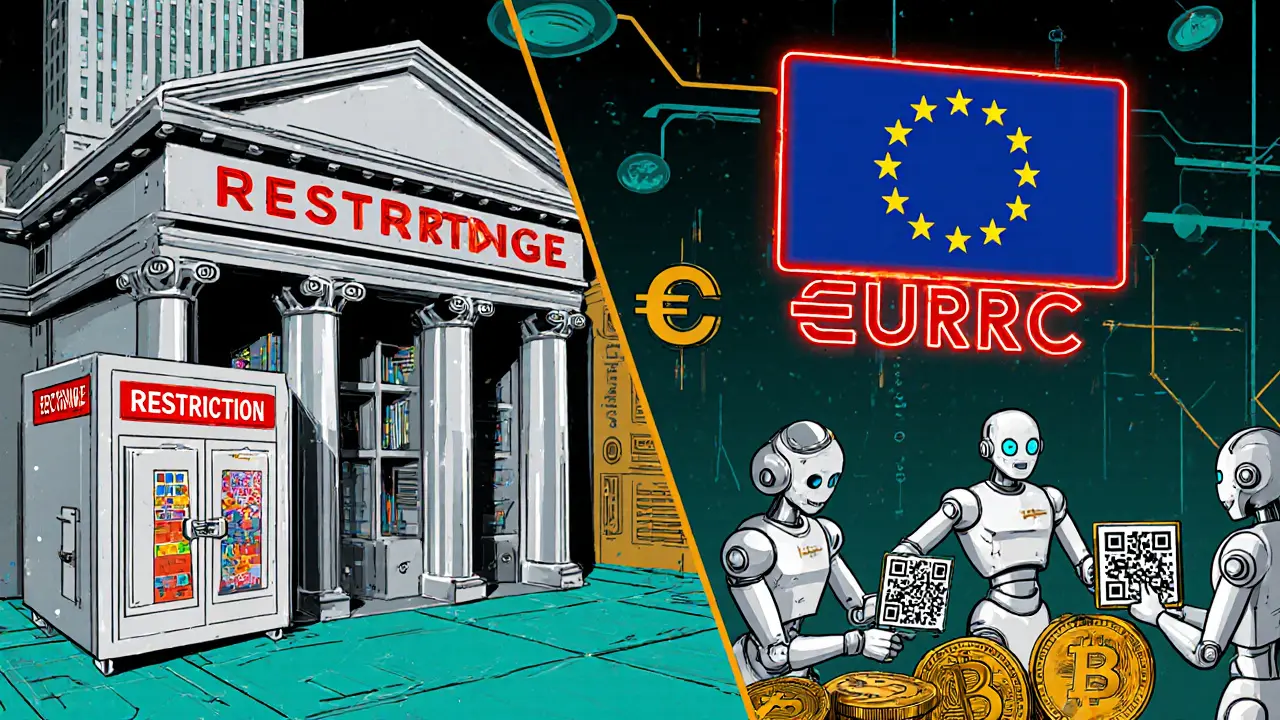 Split scene: restricted U.S. crypto market vs. vibrant EURC trading hub in retro-futuristic style.