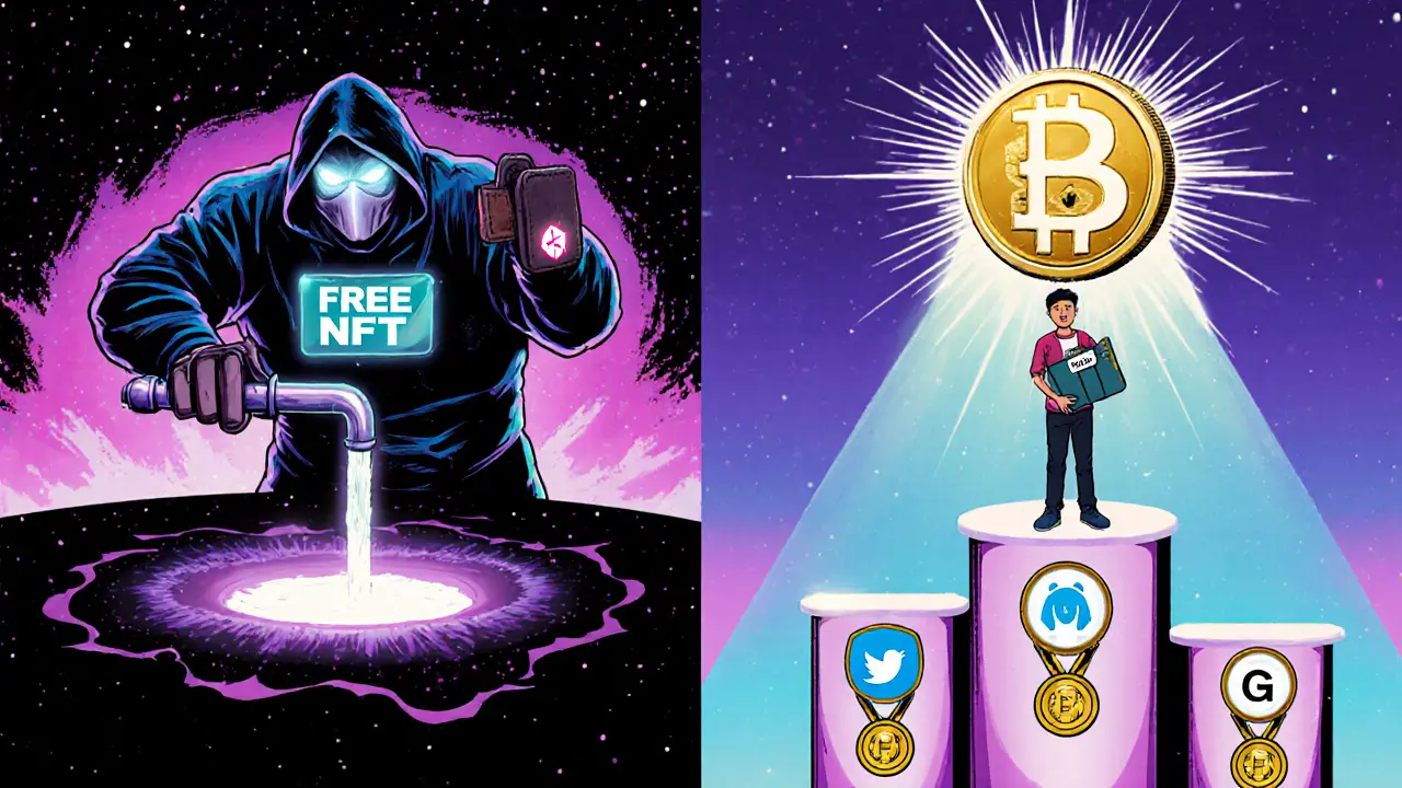 Split scene: scammer draining a wallet vs. user protected by verified official sources.