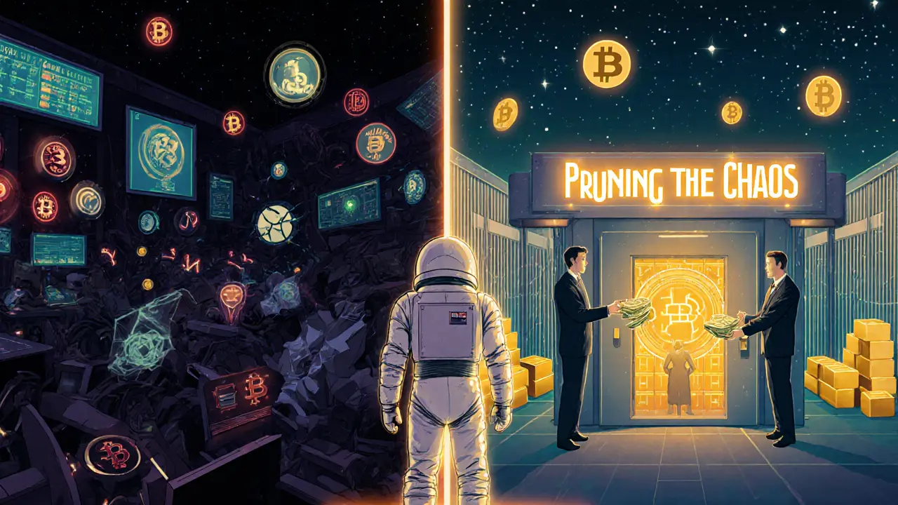 Trader between chaos and order, facing a clean Bitcoin ETF vault as chaotic crypto scams fade behind.
