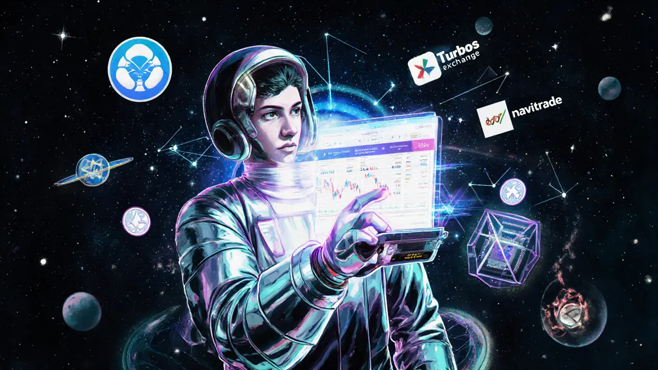 Trader in chrome spacesuit placing a limit order on a holographic DeepBook interface with DEEP tokens orbiting nearby.