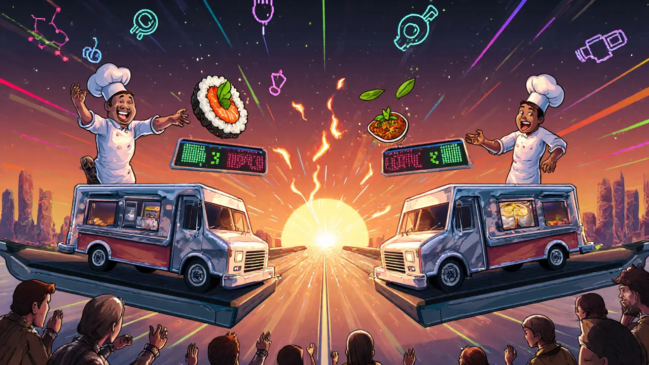 Two chefs battling with digital dishes in floating food trucks during a neon-lit tournament