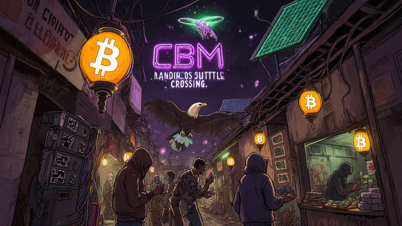 Underground traders exchange cash for crypto QR codes under neon Bitcoin signs, with a hidden mining rig and surveillance drone above.