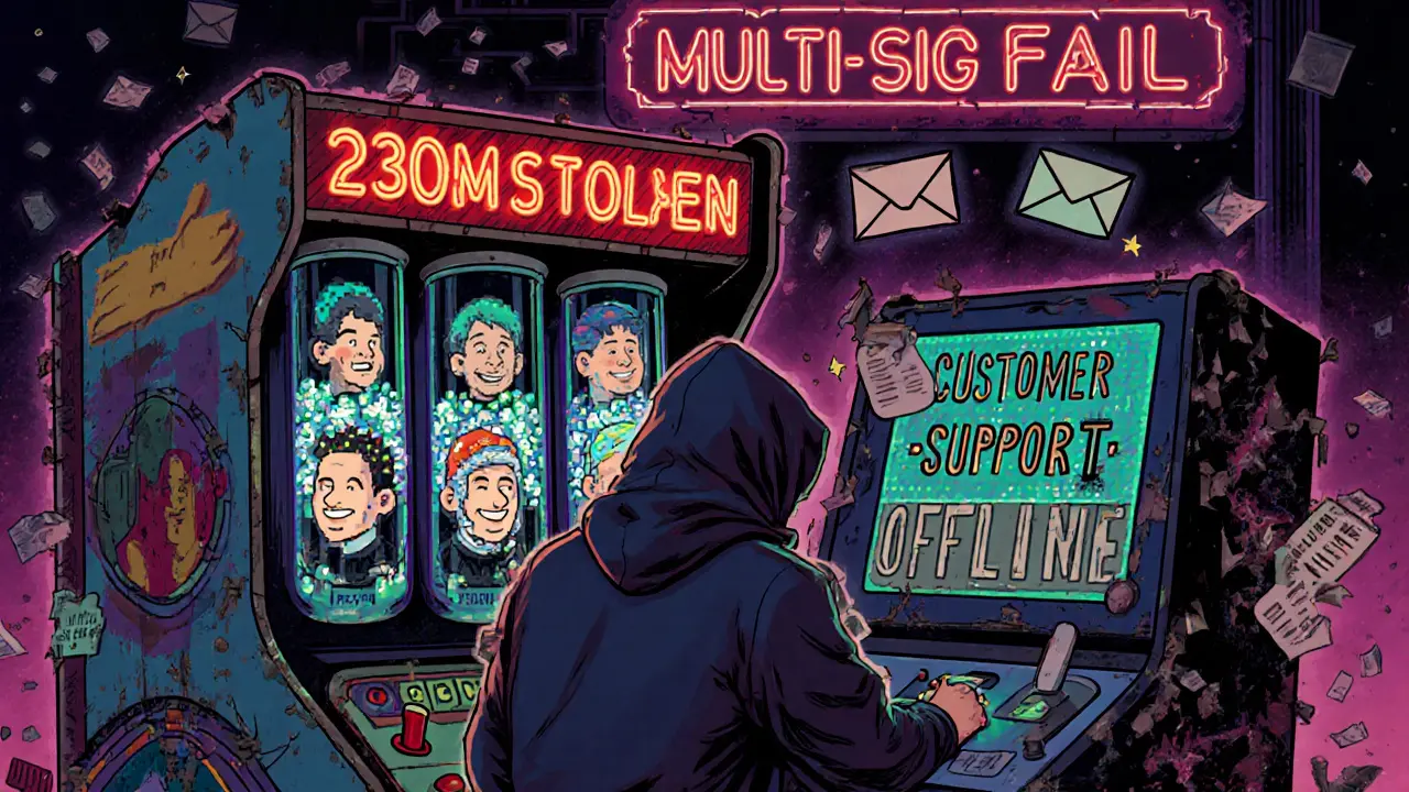 WazirX is a crumbling arcade with users trapped in tubes, hackers smirking, and frozen funds flashing red in retro style.