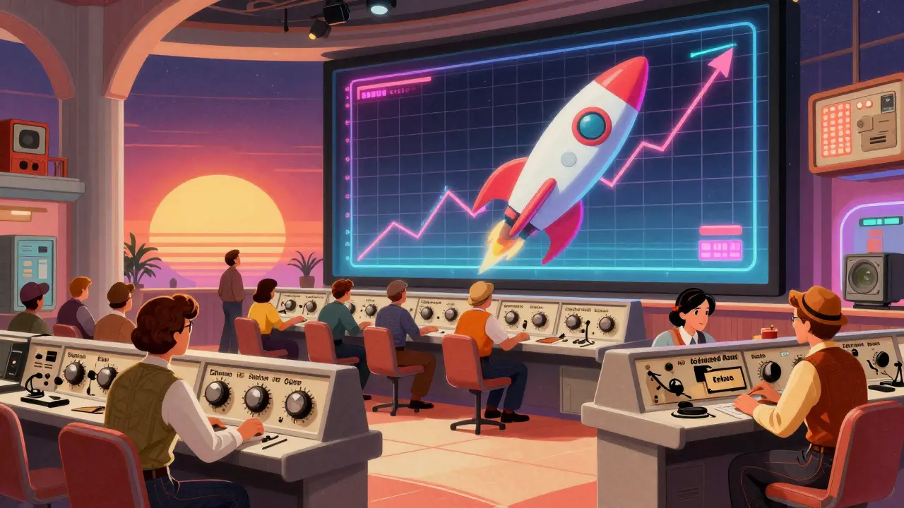 1970s financial floor with traders managing Ethereum and stablecoins on analog consoles, neon blockchain graphs in background.