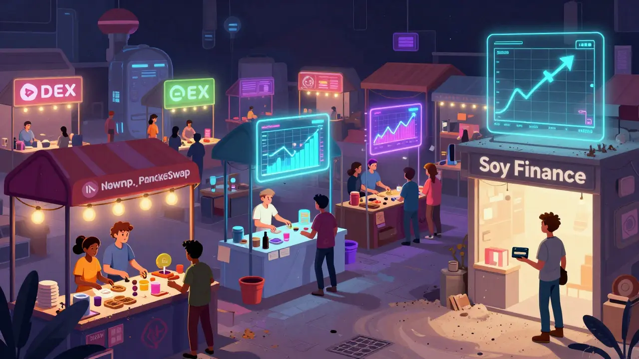 A bustling crypto bazaar with active exchanges, while a lonely, dusty Soy Finance booth stands ignored in the corner.