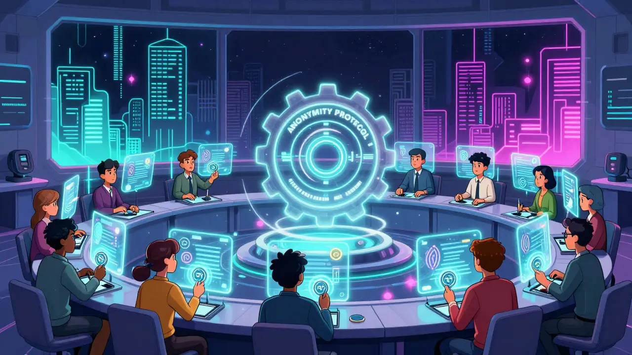 A council of avatars voting on holograms, with a glowing anonymity protocol gear at the center.