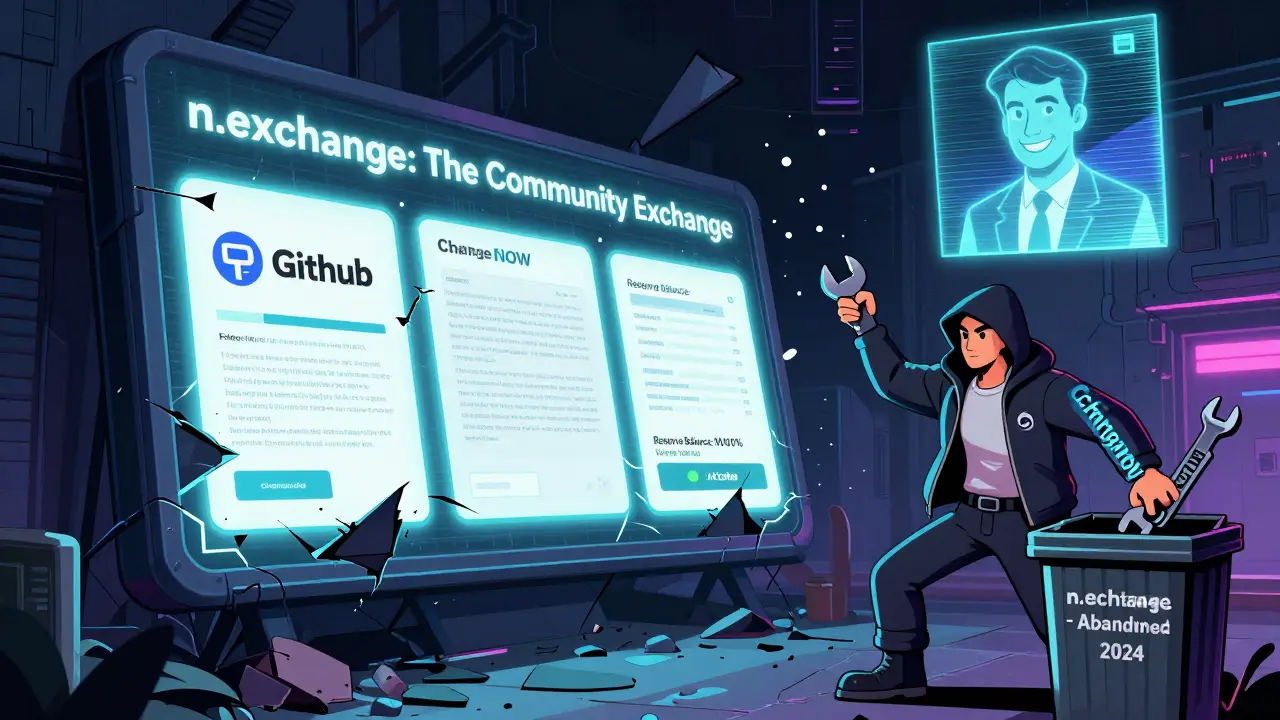 A crumbling digital billboard for n.exchange falling apart as alternatives are thrown into a trash bin.