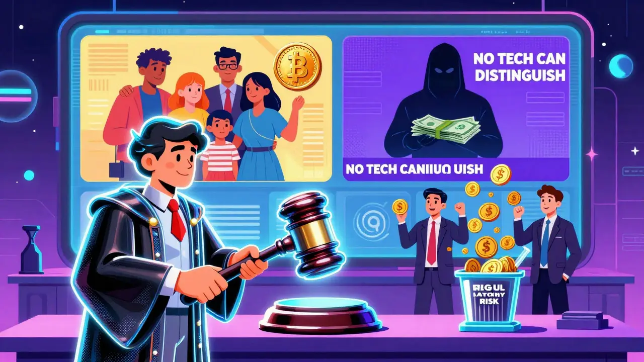 A futuristic courtroom with a blockchain gavel, showing contrasting images of privacy use and crime under a glowing regulatory screen.