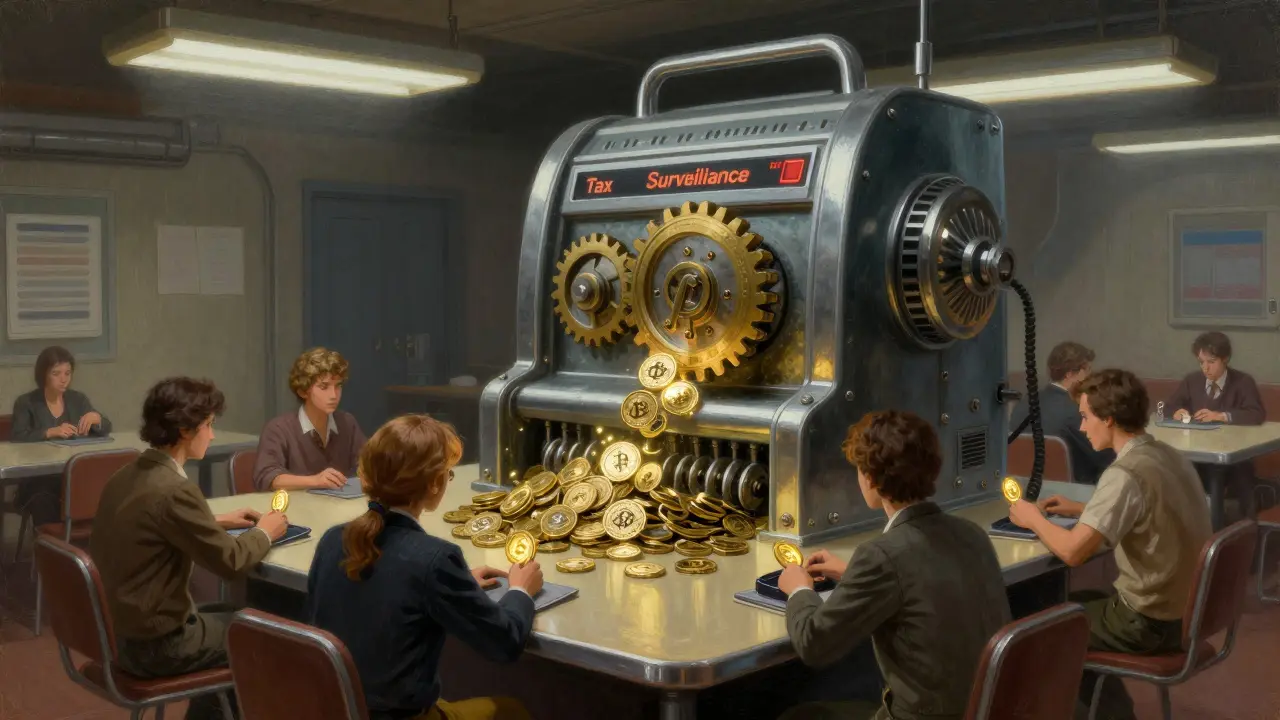 A giant state machine consumes crypto coins as citizens hide their digital savings.