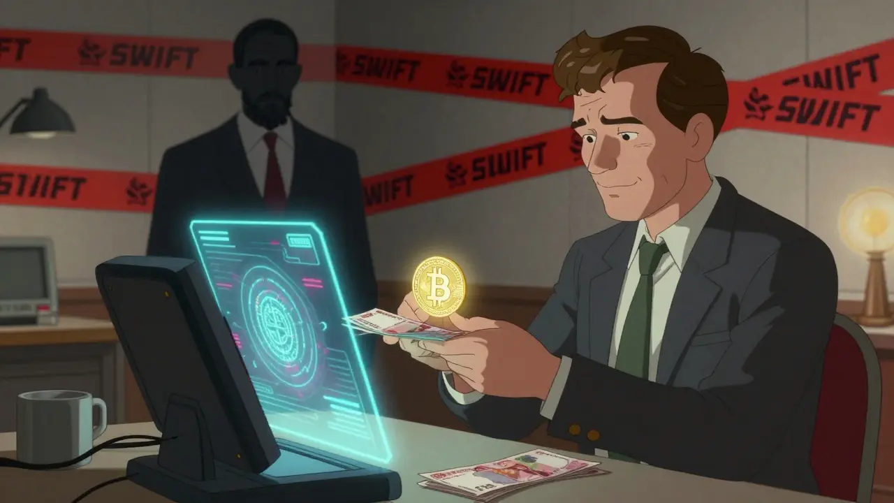 A tech worker trades rubles for Bitcoin via hologram while a government auditor watches.