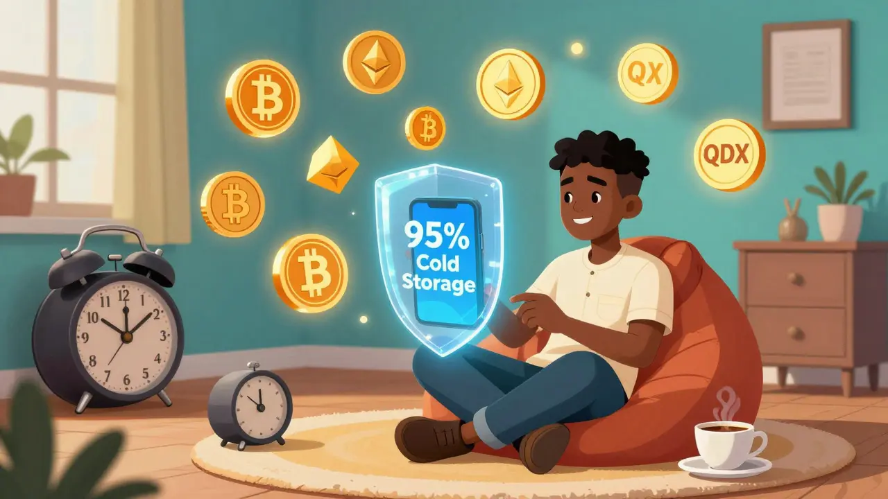 A trader in a Lagos apartment surrounded by glowing crypto tokens and a security shield, symbolizing safe, fast transactions.
