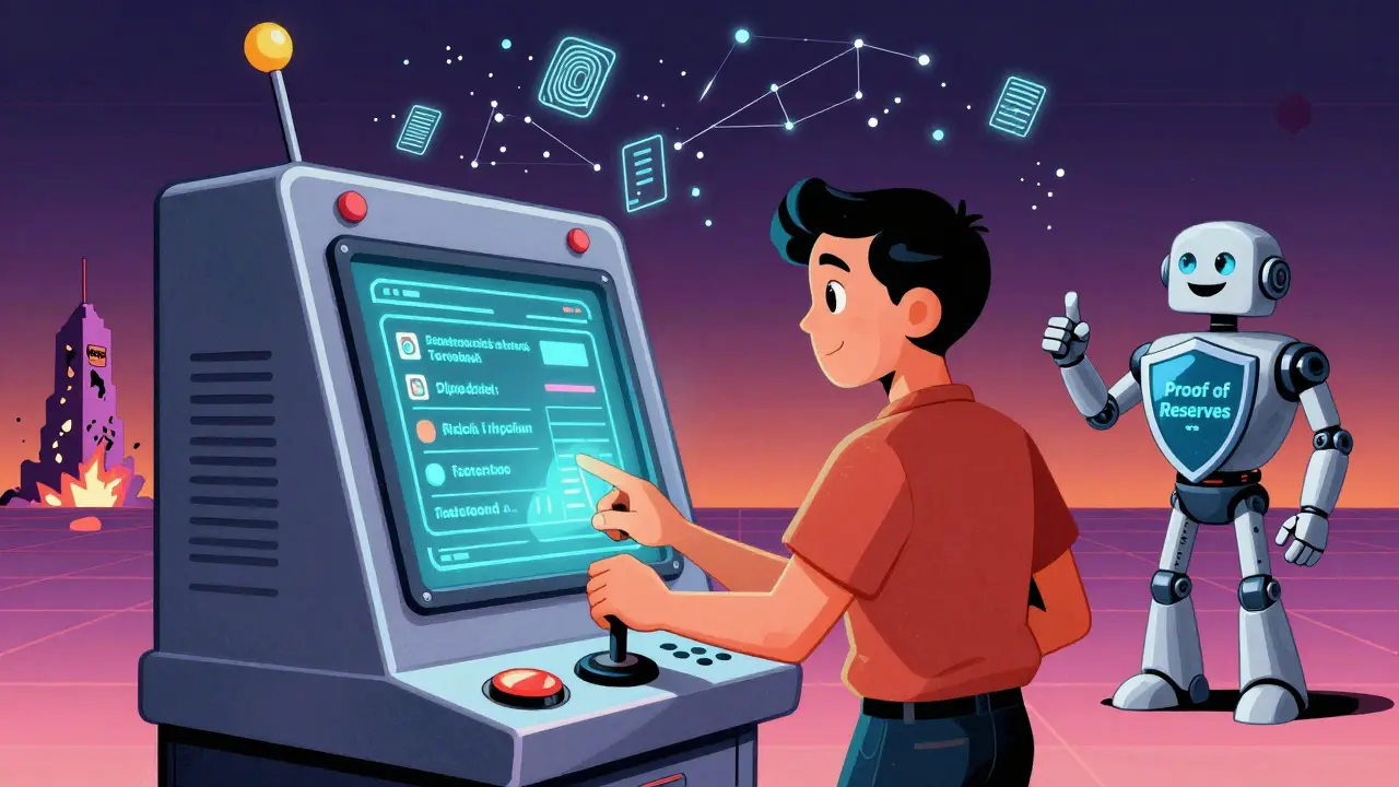 A user deposits crypto at a retro-futuristic kiosk while AI monitors their behavior with holographic data streams.