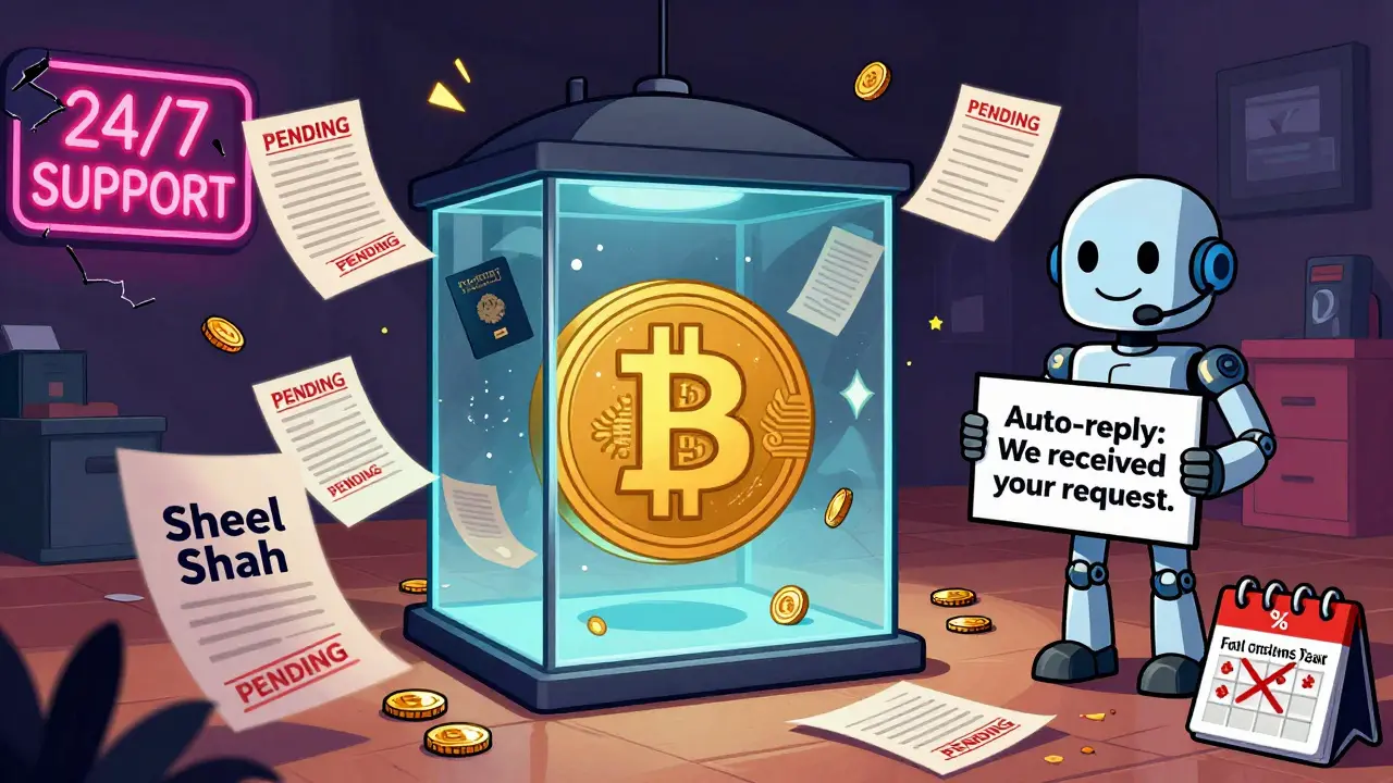 A user trapped in a Bitcoin-shaped glass prison with floating documents and a robotic customer service avatar.