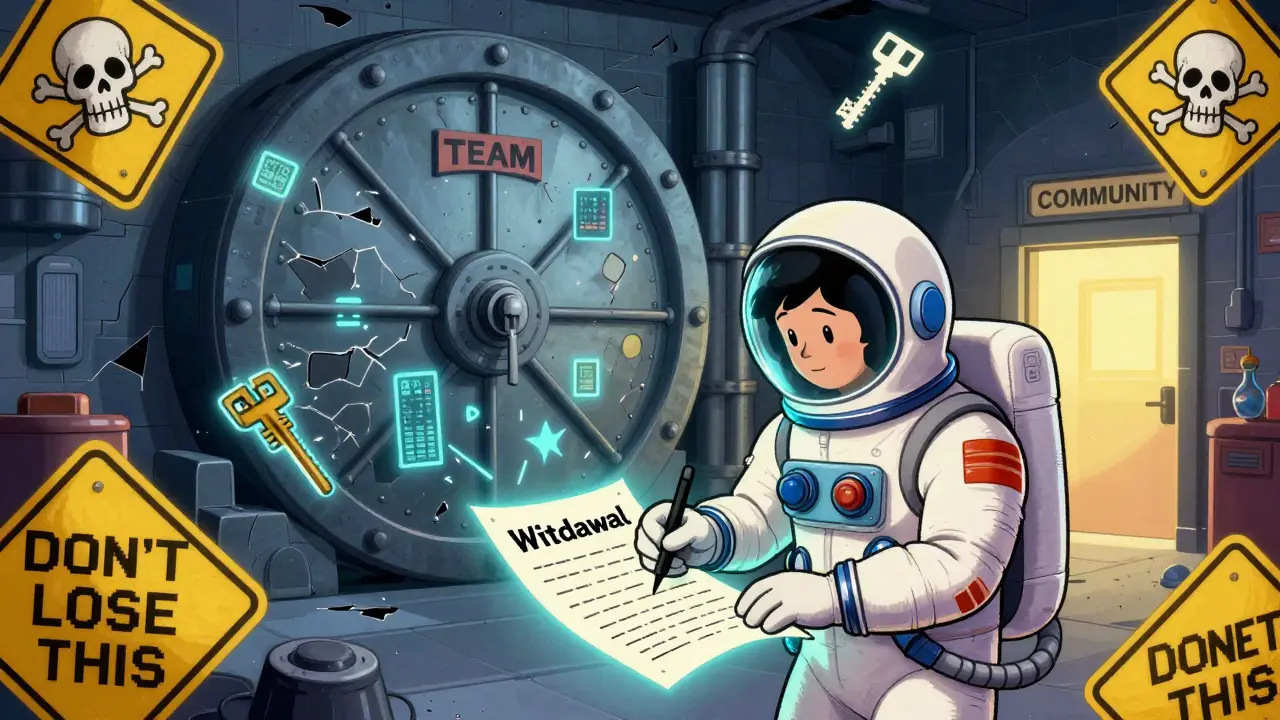 A user writing a cryptographic note as digital keys float around, with a locked vault labeled 'TEAM ALLOCATION'.