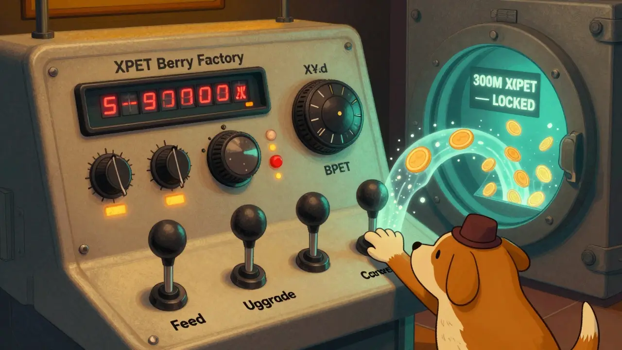 A vintage-style control panel with dials and timers displays a 5-day countdown for XPET token conversion, with a pet operating levers.