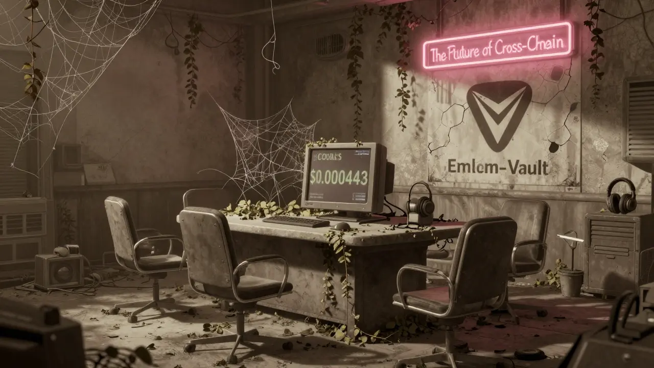 Abandoned crypto trading floor with a dusty monitor showing COVAL’s low price and faded poster.