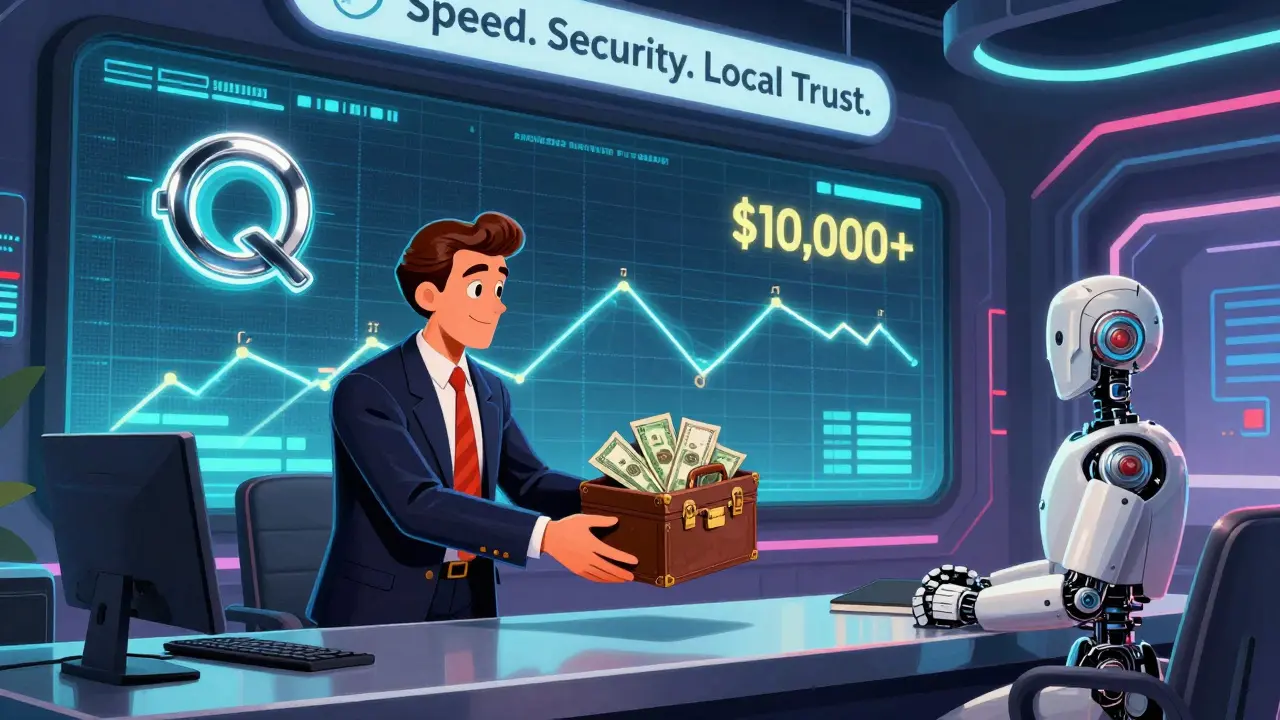 An OTC desk where a businessman exchanges Naira for crypto via a robotic assistant, with a blockchain flow on a giant screen.